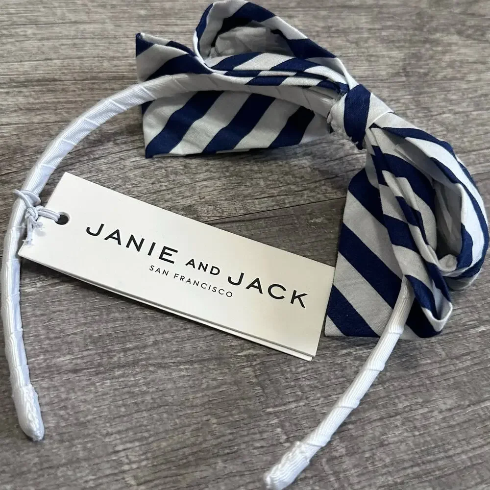 Janie and Jack NEW Set (2) Headbands Navy White Large Bow Gingham & Striped